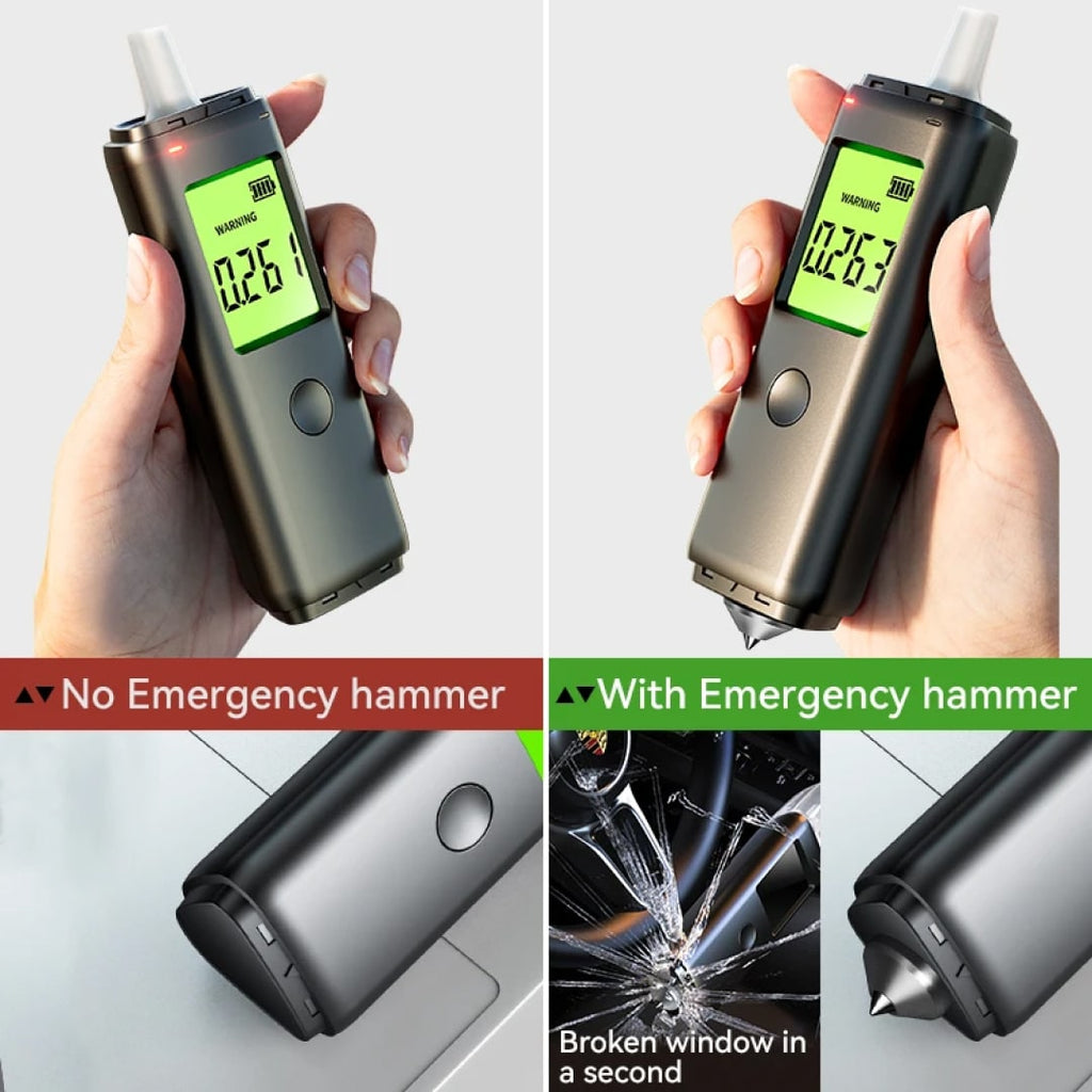 Pufresher Breathalyzer in use in a hand, plus a bottom panel showing the device alone and a close-up of its emergency break tip that shatters a cracked window. Text overlays read 'No Emergency hammer' and 'With Emergency hammer.