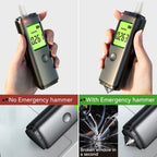 Pufresher Breathalyzer in use in a hand, plus a bottom panel showing the device alone and a close-up of its emergency break tip that shatters a cracked window. Text overlays read 'No Emergency hammer' and 'With Emergency hammer.