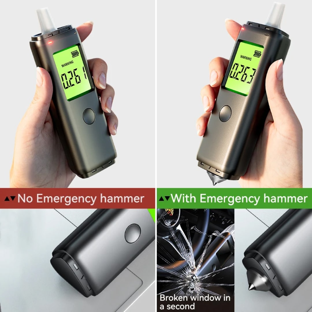 Pufresher Breathalyzer in use in a hand, plus a bottom panel showing the device alone and a close-up of its emergency break tip that shatters a cracked window. Text overlays read 'No Emergency hammer' and 'With Emergency hammer.