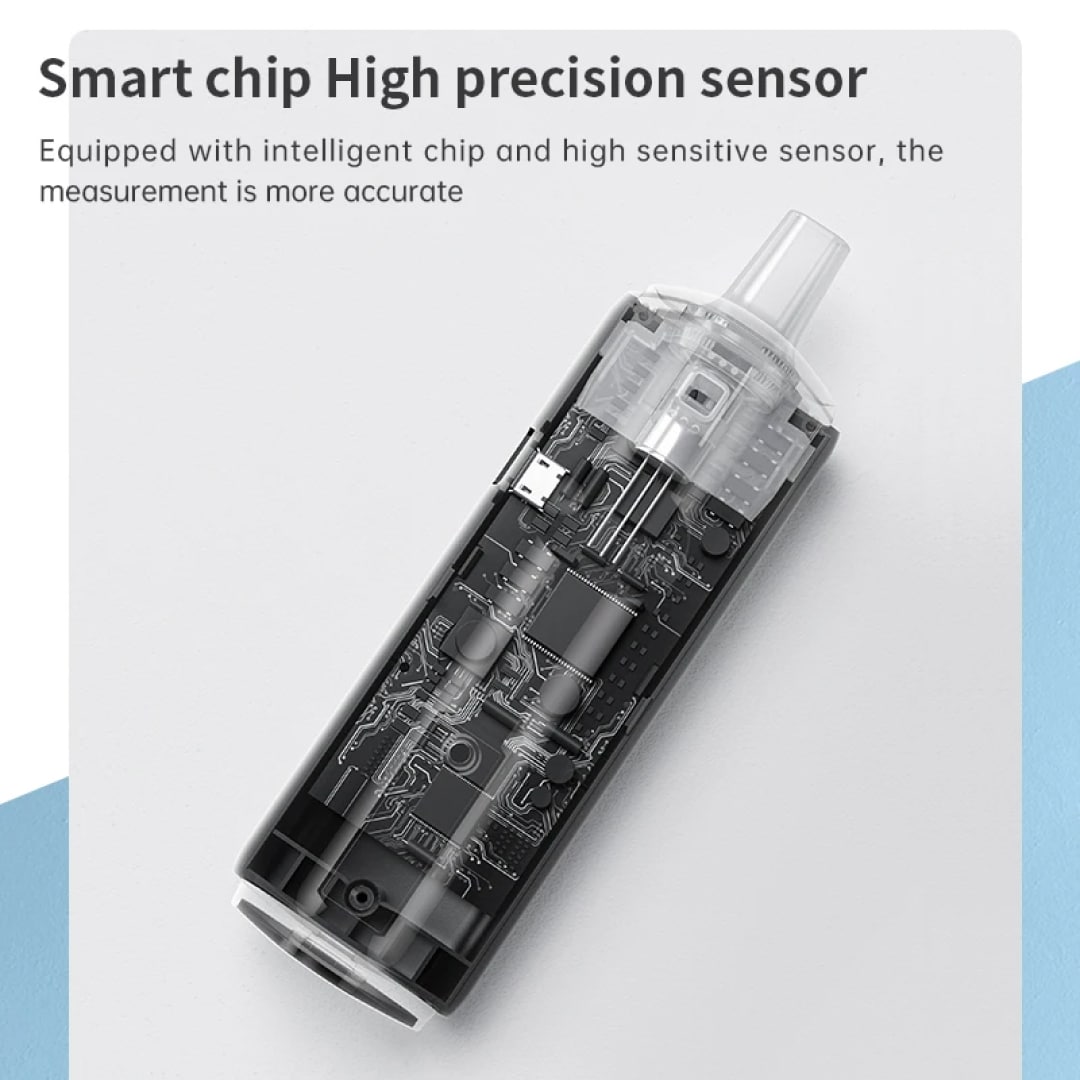 Pufresher Breathalyzer with transparent casing showing internal components on a light gray background.