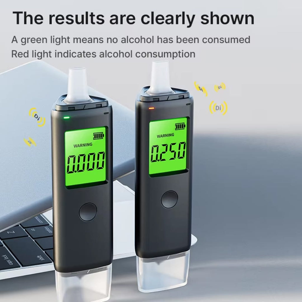 Pufresher Breathalyzer strips with green digital displays stand on a gray surface, with one showing a green light and the other showing a red light. Text at the top explains the results, and a laptop is partially visible in the background.