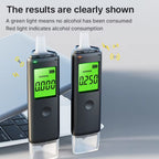 Pufresher Breathalyzer strips with green digital displays stand on a gray surface, with one showing a green light and the other showing a red light. Text at the top explains the results, and a laptop is partially visible in the background.