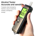 A hand holding a Pufresher Breathalyzer with a digital display and a small tungsten steel emergency hammer tip, shown on a white background with promotional text.