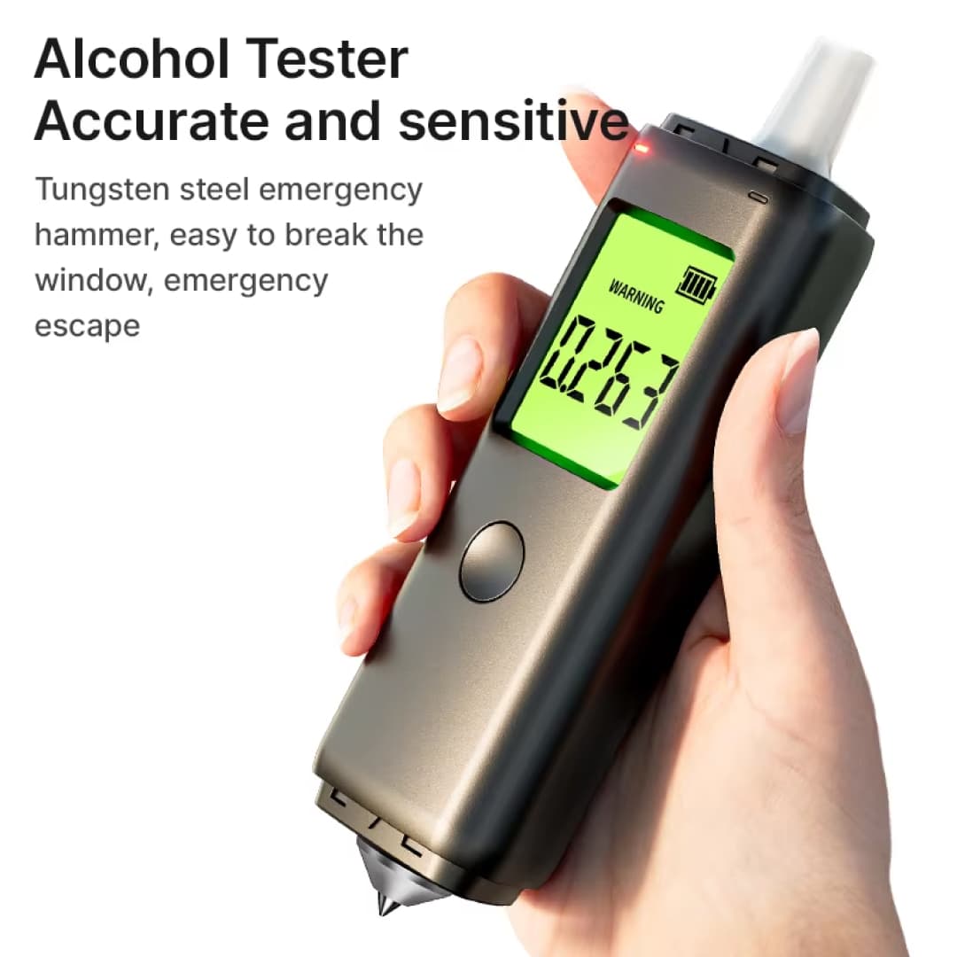 A hand holding a Pufresher Breathalyzer with a digital display and a small tungsten steel emergency hammer tip, shown on a white background with promotional text.