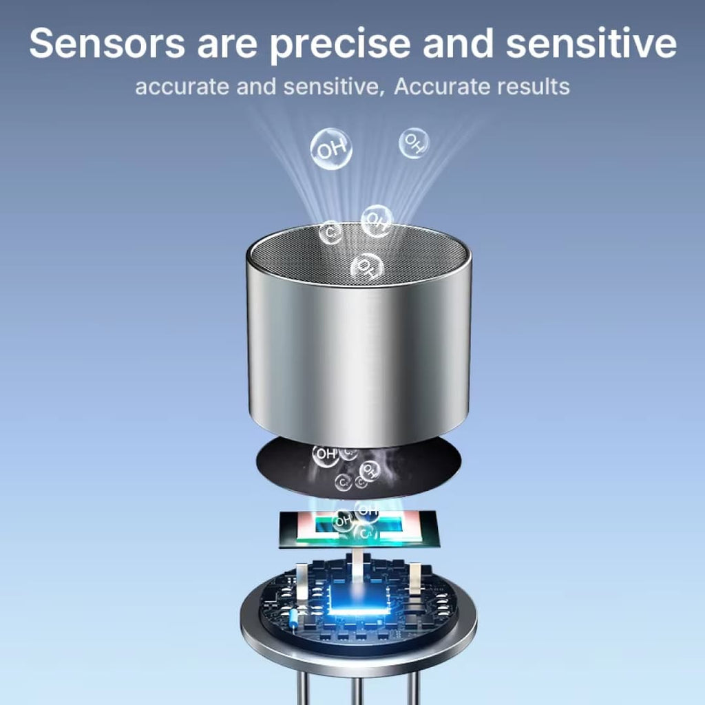 Pufresher Breathalyzer with a perforated top sits on a stand against a light blue gradient background, with floating chemical-style symbols above and a small screen and circuitry graphic below. Large text at the top reads, 'Sensors are precise and sensitive' and 'accurate and sensitive, Accurate results.