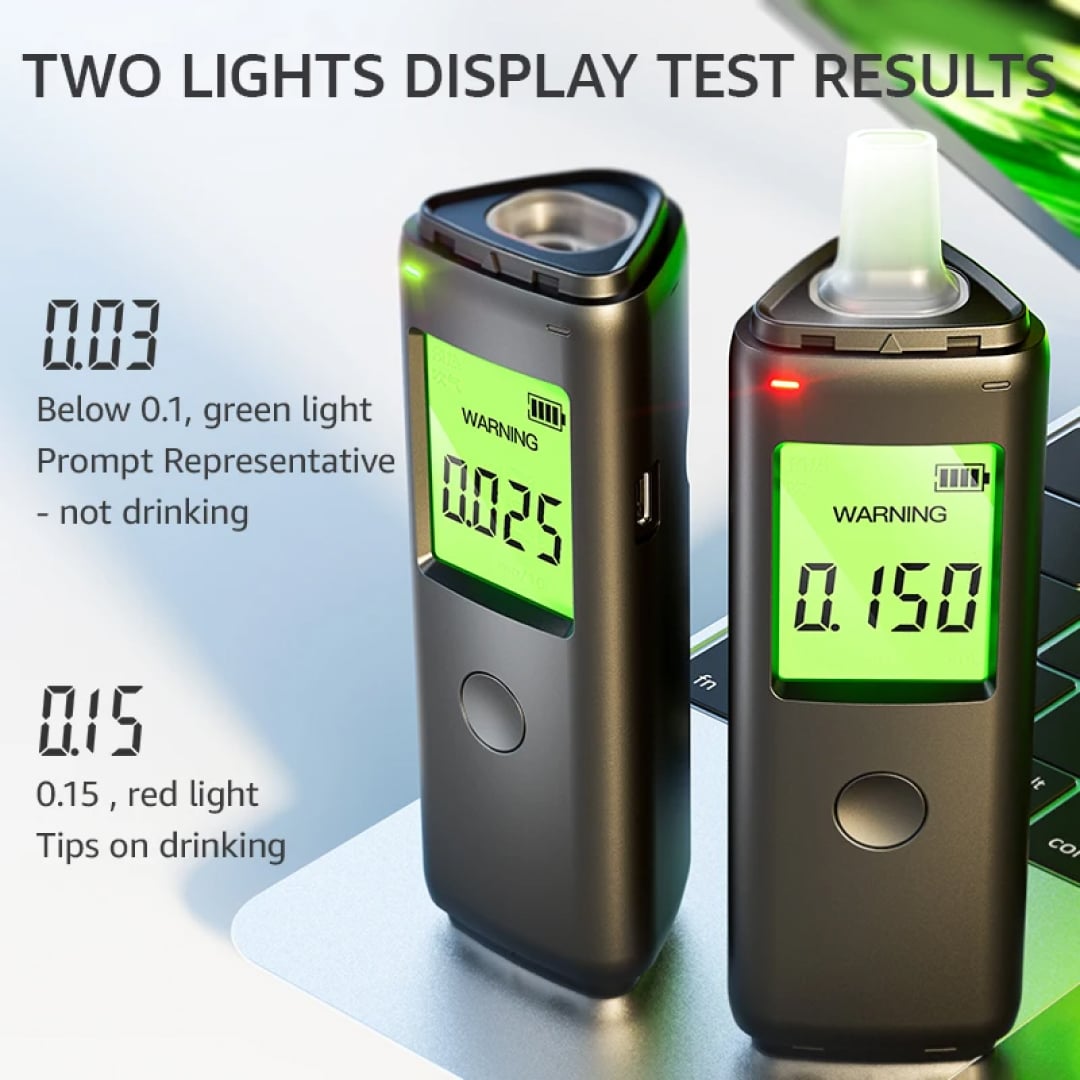 Pufresher Breathalyzer with green and red lights displaying test results on a white background.