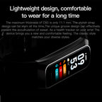 A Pulvewat Heart Rate Monitor Watch with a rectangular color display showing heart rate and activity metrics, set against a black background with promotional text about lightweight design and comfort.