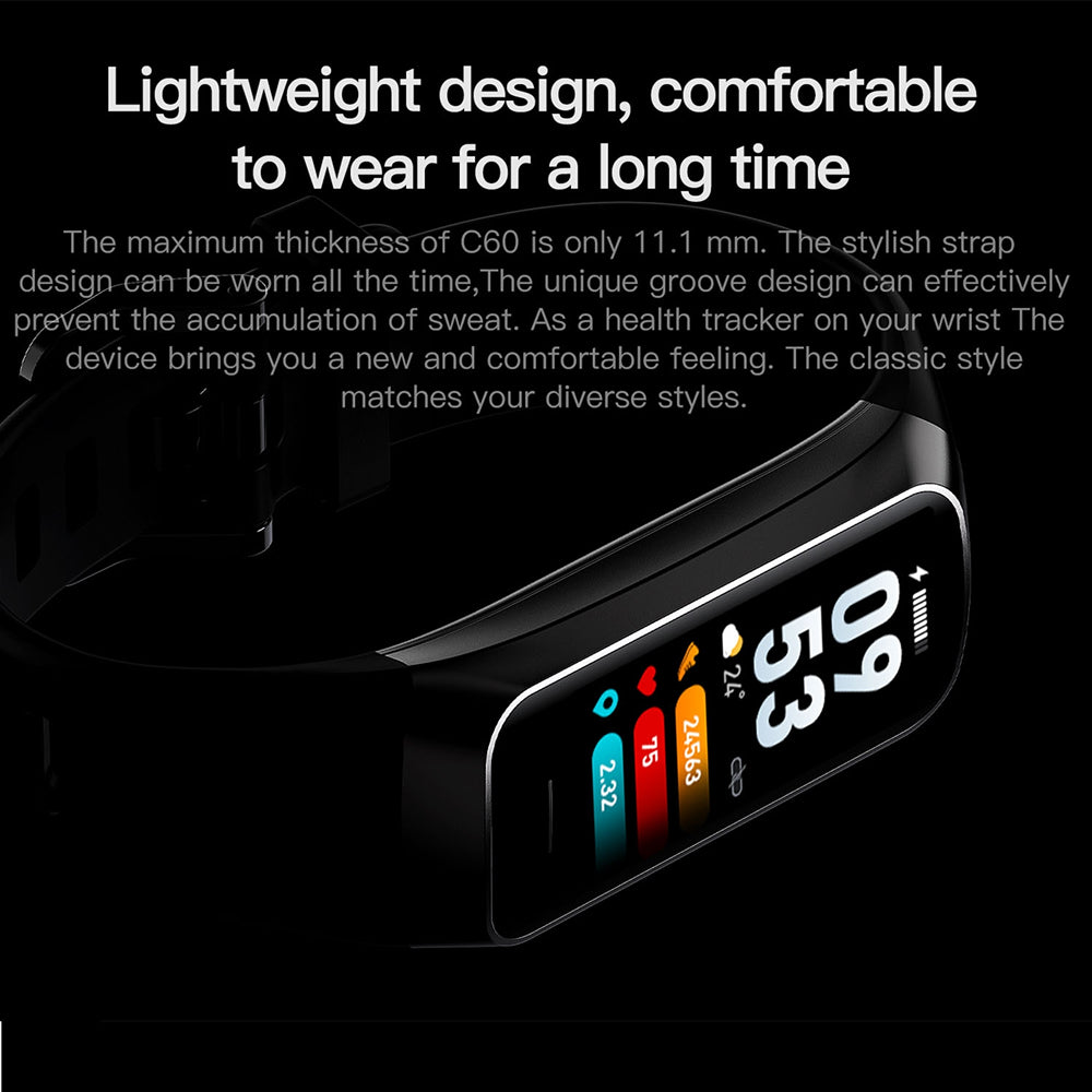 A Pulvewat Heart Rate Monitor Watch with a rectangular color display showing heart rate and activity metrics, set against a black background with promotional text about lightweight design and comfort.