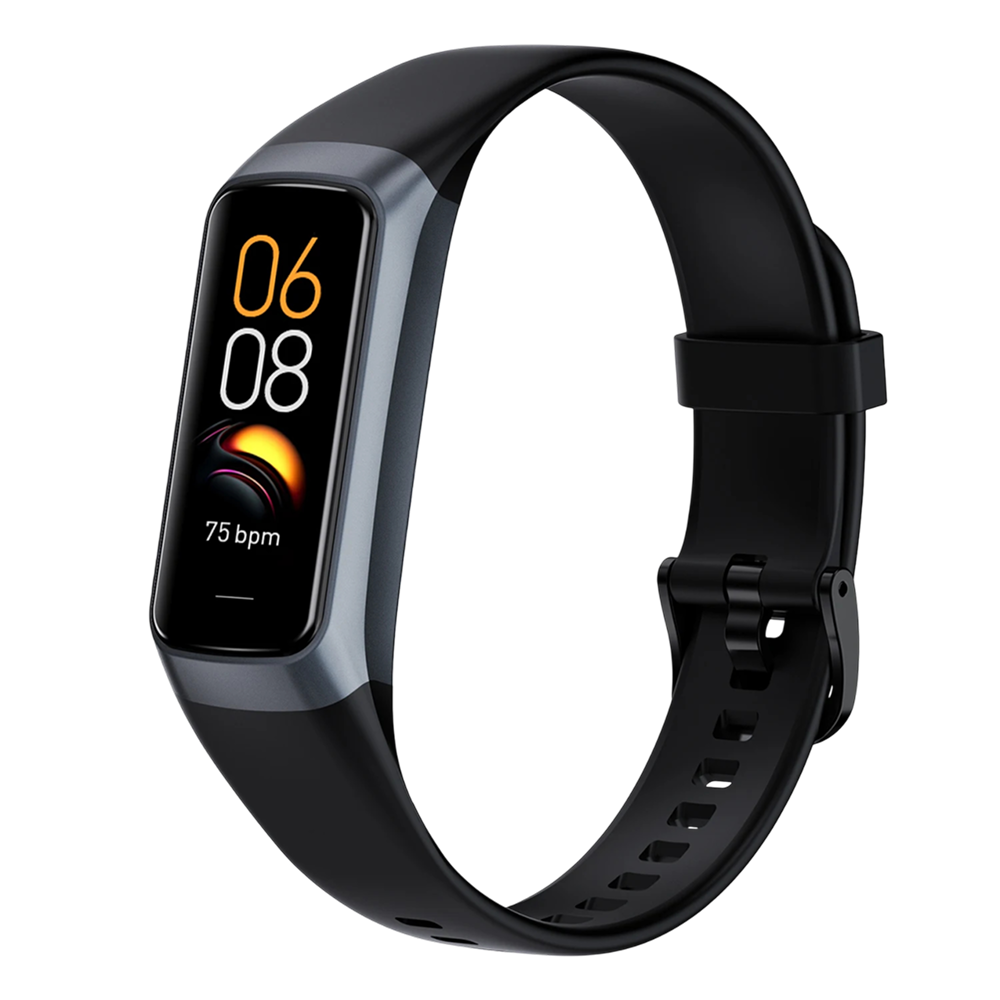 A black Pulvewant fitness tracker smartwatch with a rectangular color display showing the time and heart rate, set against a plain white background.