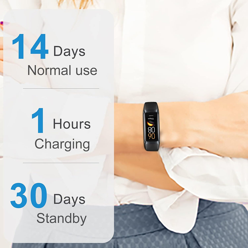 Person wearing a pulvewat fitness tracker with battery life information displayed.