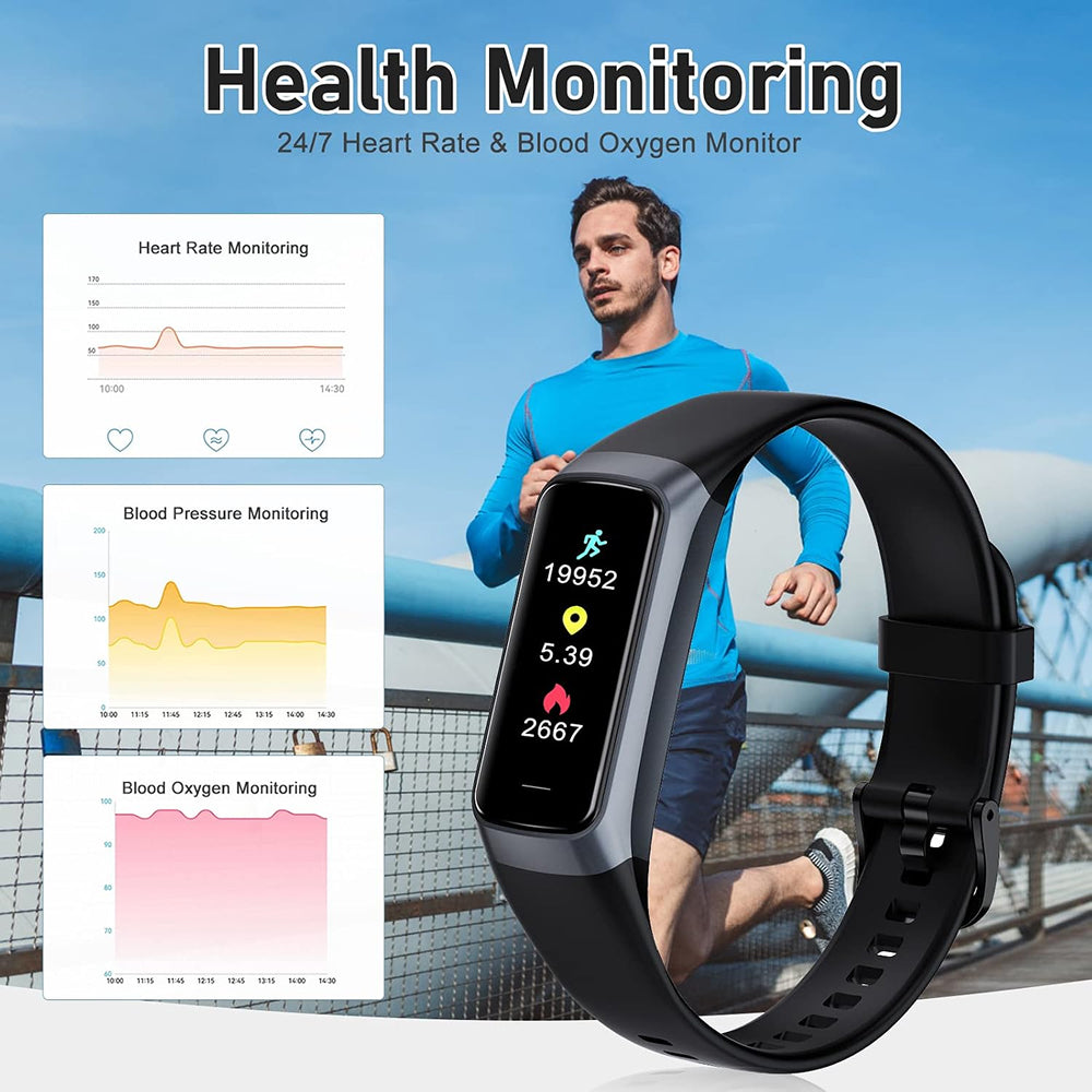 A black Pulvewat Heart Rate Monitor Watch with a rectangular color display is shown in front of a man jogging outdoors, with the headline 'Health Monitoring' and three small monitoring graph panels on the left. The watch screen displays heart rate, steps, time, and heart rate readings.