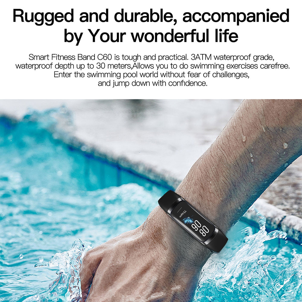 A Pulvewat Heart Rate Monitor Watch worn on a person's wrist, shown above water with promotional text about its durability and swimming water resistance.