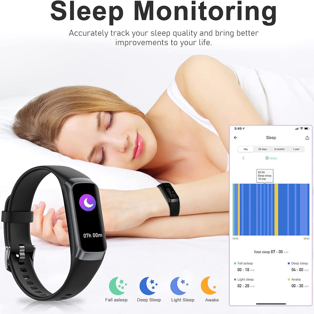 A black Pulvewat Heart Rate Monitor Watch shown alongside a woman sleeping peacefully on a white bed, with promotional text reading 'Sleep Monitoring' and a smartphone sleep-tracking screen displayed on the right.