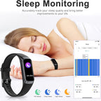 A black Pulvewat Heart Rate Monitor Watch shown alongside a woman sleeping peacefully on a white bed, with promotional text reading 'Sleep Monitoring' and a smartphone sleep-tracking screen displayed on the right.