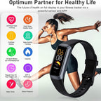 Black Pulvewat Heart Rate Monitor Watch with a rectangular digital display, shown alongside a woman exercising and a feature infographic on the left. The image includes the text 'Optimum Partner for Healthy Life' at the top.
