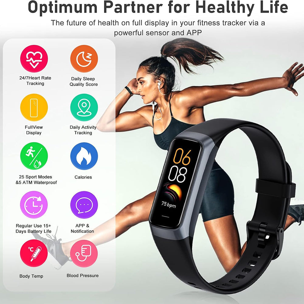 Black Pulvewat Heart Rate Monitor Watch with a rectangular digital display, shown alongside a woman exercising and a feature infographic on the left. The image includes the text 'Optimum Partner for Healthy Life' at the top.