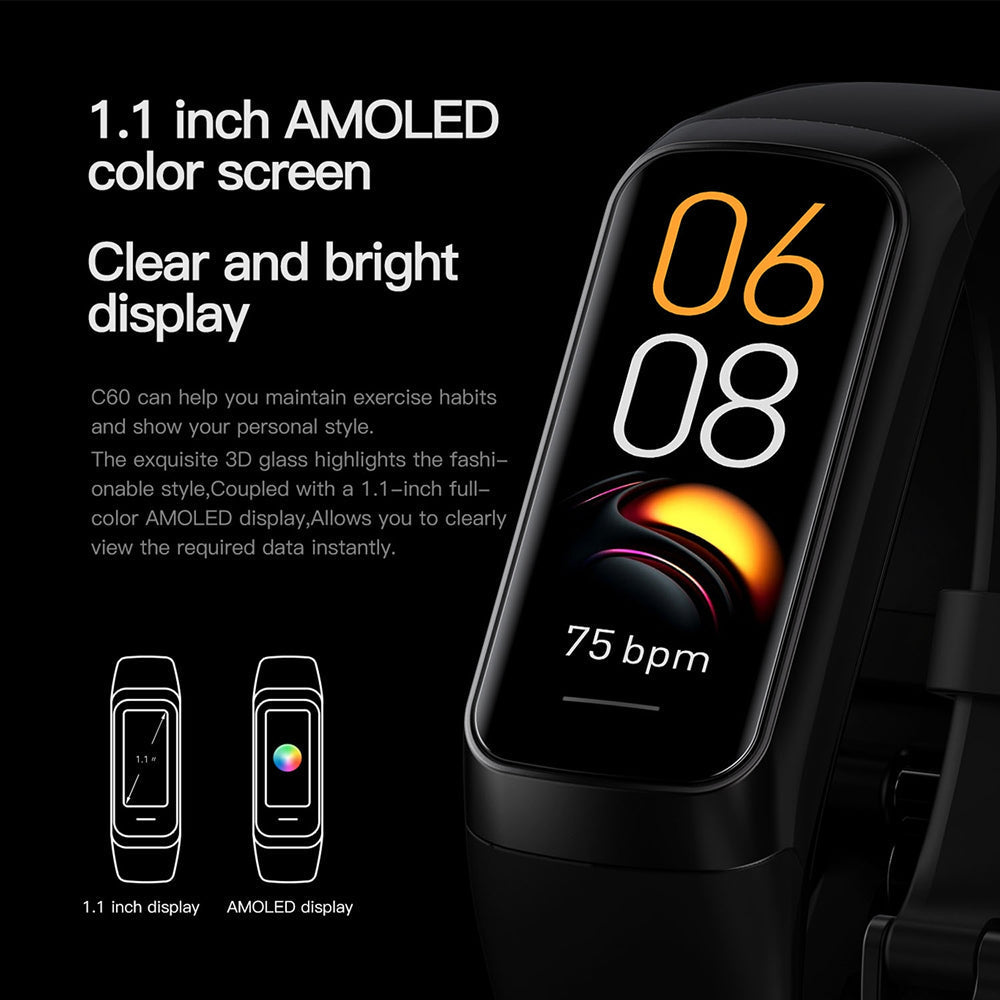 Black pul band with a rectangular AMOLED display showing the time 06:08 and heart rate 75 bpm, on a black background with promotional text and small display comparison icons.ewant