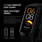Black pul band with a rectangular AMOLED display showing the time 06:08 and heart rate 75 bpm, on a black background with promotional text and small display comparison icons.ewant