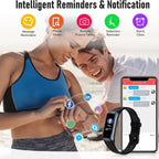 A black Pulvewat  smartwatch fitness tracker with a rectangular screen is shown alongside a smartphone displaying a companion app, with a woman and man in athletic wear in the background. The top of the image includes feature icons and text reading 'Intelligent Reminders & Notification' for message reminders, phone finder, remote picture taking, sedentary reminder, and alarm clock.