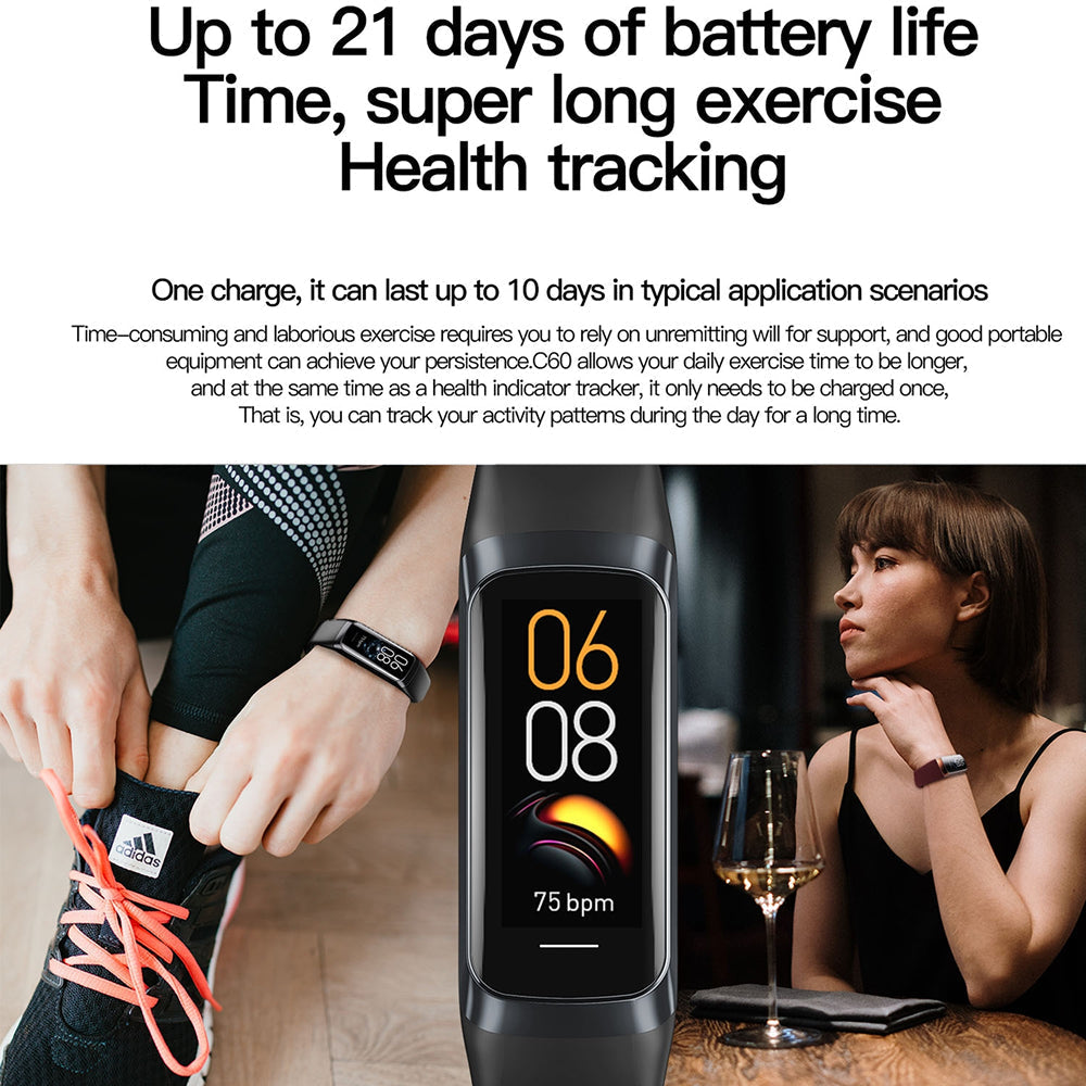 A black Pulvewat smartwatch with a rectangular screen is shown in the center, with promotional text above and a lifestyle scene below showing a person tying a shoe and another person at a table. The tracker screen displays time and heart rate information.