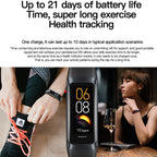 A black Pulvewat smartwatch with a rectangular screen is shown in the center, with promotional text above and a lifestyle scene below showing a person tying a shoe and another person at a table. The tracker screen displays time and heart rate information.