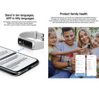A promotional Pulvewat smartwatch graphic for a smartwatch band. The left side shows the white and green band attached to a black smartphone, with text stating it supports ten languages in the APP in fifty languages.