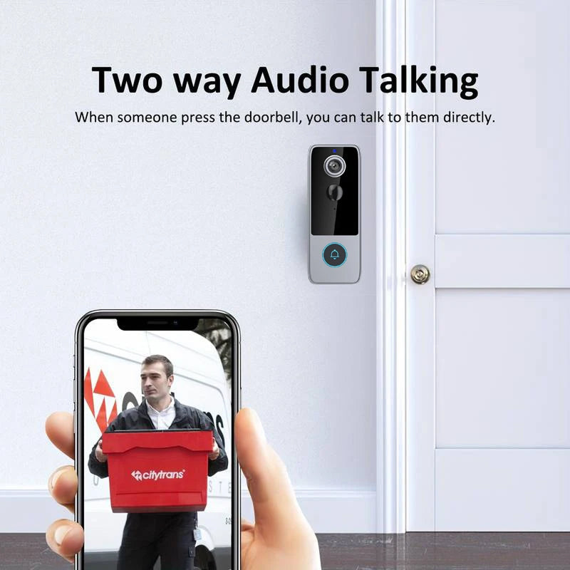  PurePeeki Camera Doorbell with smartphone app showing a person with a delivery box, and text about two-way audio talking.