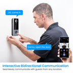 Man using a  PurePeeki Camera Doorbell  with smartphone app on a white background