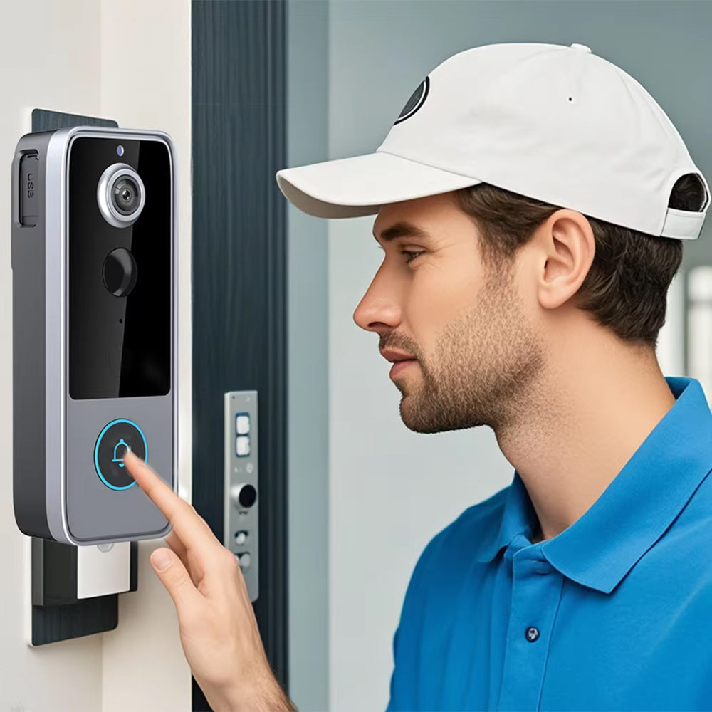 Man using a  PurePeeki Camera Doorbell on a modern building exterior