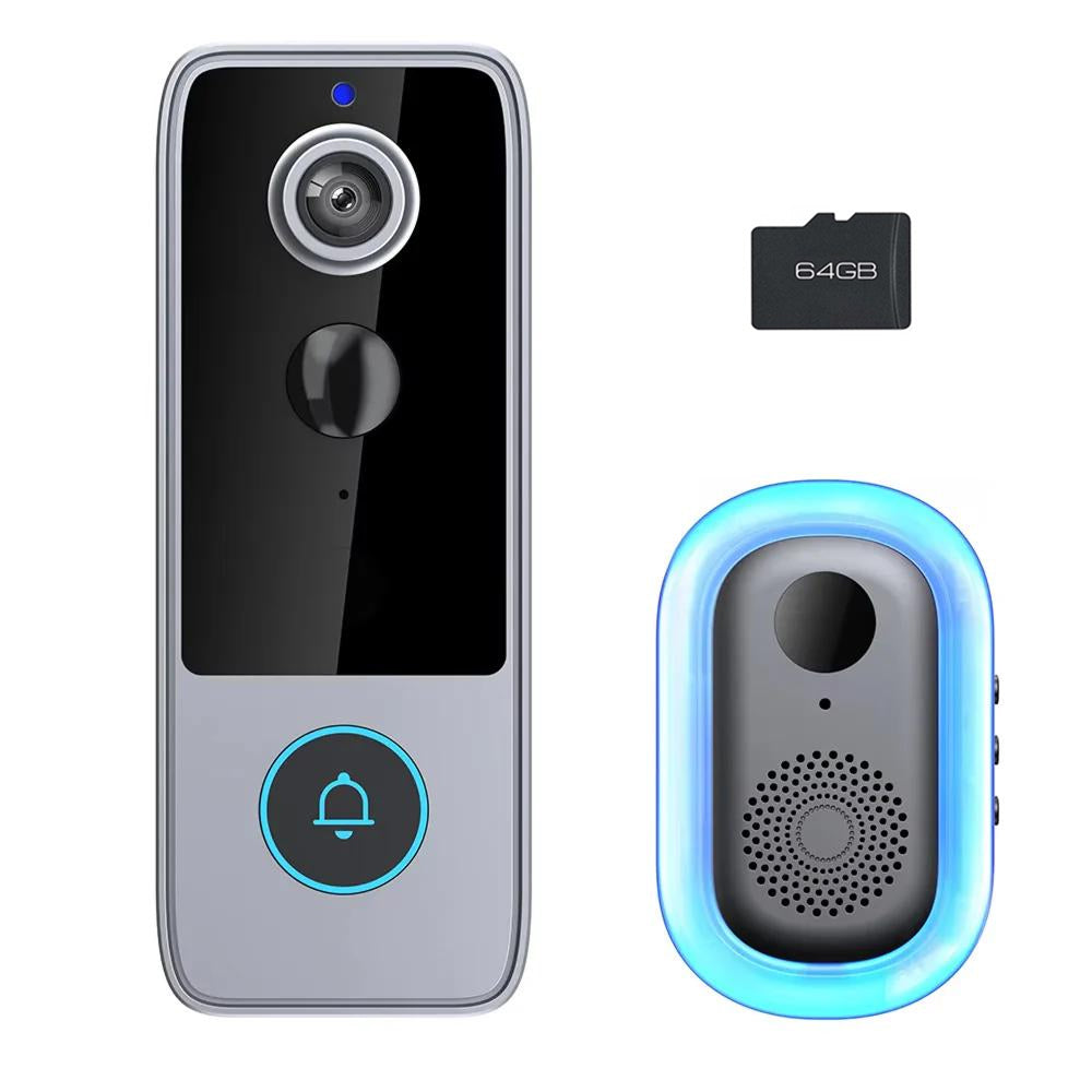  PurePeeki Camera Doorbell  with remote, and 64GB microSD card on a white background