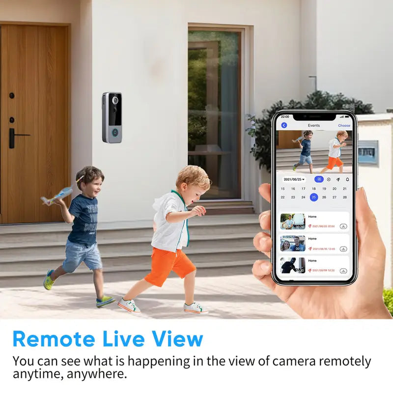 Two children running towards a house with  PurePeeki Camera Doorbell , and a hand holding a smartphone showing remote live view functionality.