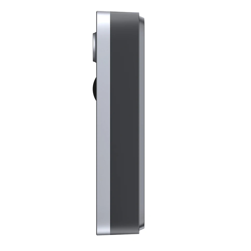 A slim, side-profile view of  PurePeeki Camera Doorbell  featuring a dark gray body with a silver metallic frame on a solid white background.