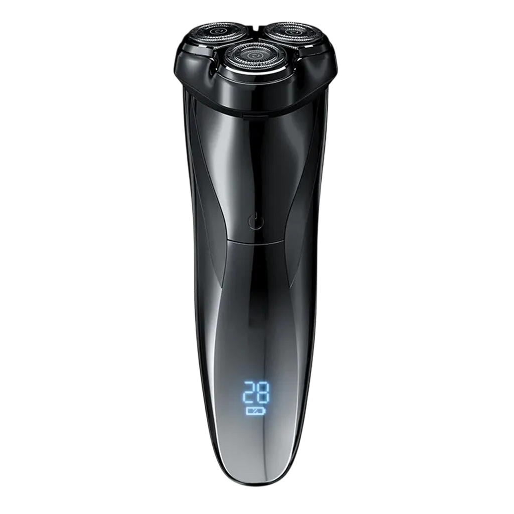 A sleek, black 3-in-1 RazoRixer Electric Razor with a glossy finish and a blue LED digital display on the handle, shown against a solid white background.