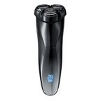 A sleek, black 3-in-1 RazoRixer Electric Razor with a glossy finish and a blue LED digital display on the handle, shown against a solid white background.