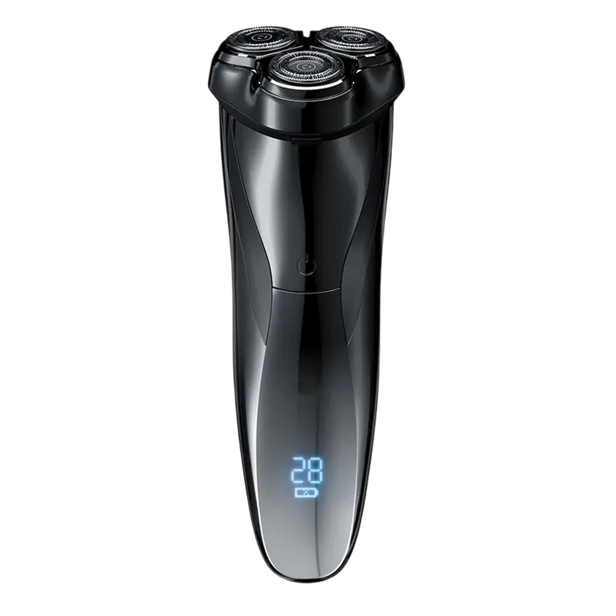 A sleek, black 3-in-1 RazoRixer Electric Razor with a glossy finish and a blue LED digital display on the handle, shown against a solid white background.