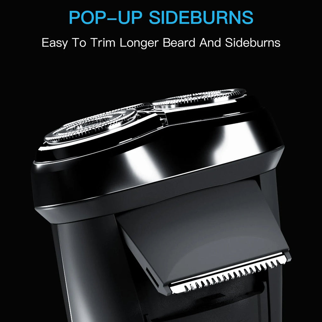 Black RazoRixer Electric Razor head with a pop-up sideburn blade, shown on a black background with the text 'POP-UP SIDEBURNS' and 'Easy To Trim Longer Beard And Sideburns'.