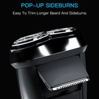 Black RazoRixer Electric Razor head with a pop-up sideburn blade, shown on a black background with the text 'POP-UP SIDEBURNS' and 'Easy To Trim Longer Beard And Sideburns'.