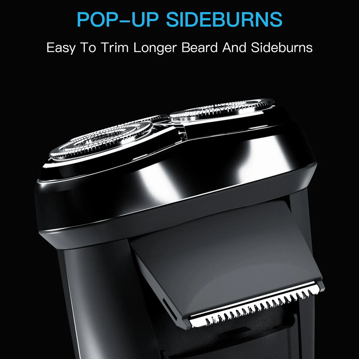 Black RazoRixer Electric Razor head with a pop-up sideburn blade, shown on a black background with the text 'POP-UP SIDEBURNS' and 'Easy To Trim Longer Beard And Sideburns'.