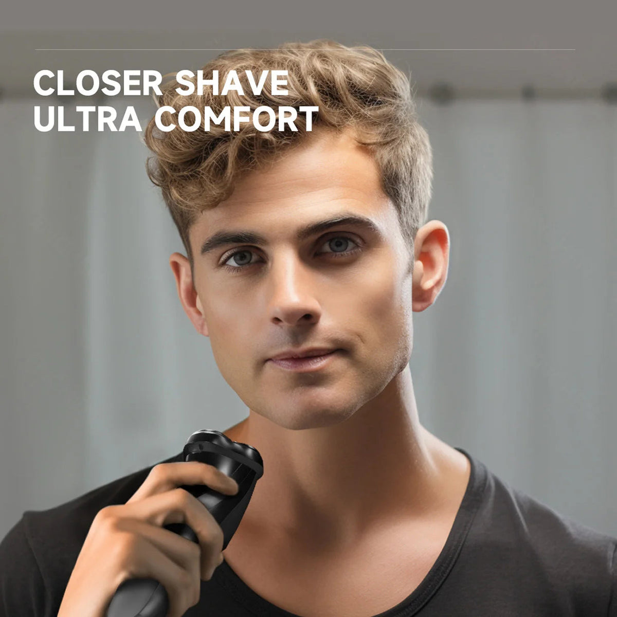 A man holding an electric shaver close to his face, with the text 'CLOSER SHAVE ULTRA COMFORT' in the upper left. The background is a soft, neutral gray.