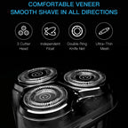 A close-up of a three-cutter RazoRixer Electric Razor on a black background, with marketing text at the top reading 'COMFORTABLE VENEER SMOOTH SHAVE IN ALL DIRECTIONS' and feature icons for 3 cutter head, independent float, double ring knife net, and ultra-thin mesh.