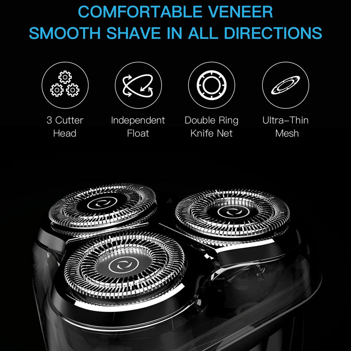 A close-up of a three-cutter RazoRixer Electric Razor on a black background, with marketing text at the top reading 'COMFORTABLE VENEER SMOOTH SHAVE IN ALL DIRECTIONS' and feature icons for 3 cutter head, independent float, double ring knife net, and ultra-thin mesh.