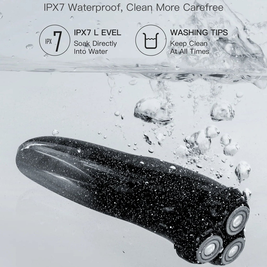 ARazoRixer Electric Razor submerged underwater in clear water, with text at the top stating 'IPX7 Waterproof, Clean More Carefree' and 'IPX7 LEVEL Soak Directly Into Water' plus washing tips.