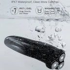 ARazoRixer Electric Razor submerged underwater in clear water, with text at the top stating 'IPX7 Waterproof, Clean More Carefree' and 'IPX7 LEVEL Soak Directly Into Water' plus washing tips.