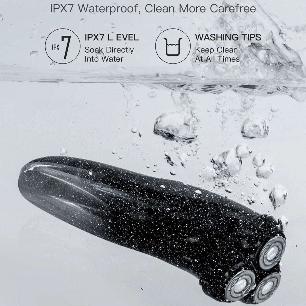 ARazoRixer Electric Razor submerged underwater in clear water, with text at the top stating 'IPX7 Waterproof, Clean More Carefree' and 'IPX7 LEVEL Soak Directly Into Water' plus washing tips.