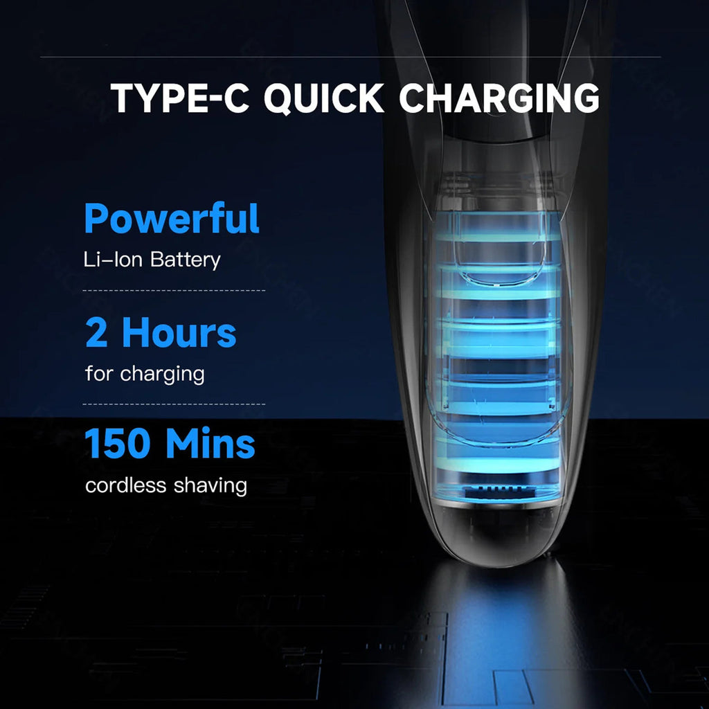 A dark promotional graphic showing a handheld electric shaver with a glowing blue battery graphic inside the transparent body. Large text reads 'TYPE-C QUICK CHARGING' with callouts for powerful Li-Ion battery, 2 hours charging, and 150 mins cordless shaving.