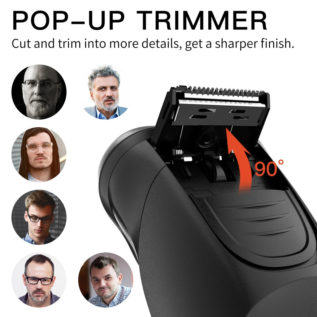 Black pop-up RazoRixer Electric Razor trimmer with text and images of men with different hairstyles.