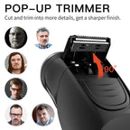 Black pop-up RazoRixer Electric Razor trimmer with text and images of men with different hairstyles.