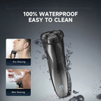 Enchen RazoRixer Electric Razor with water splashes and text indicating waterproof feature on a gray background.