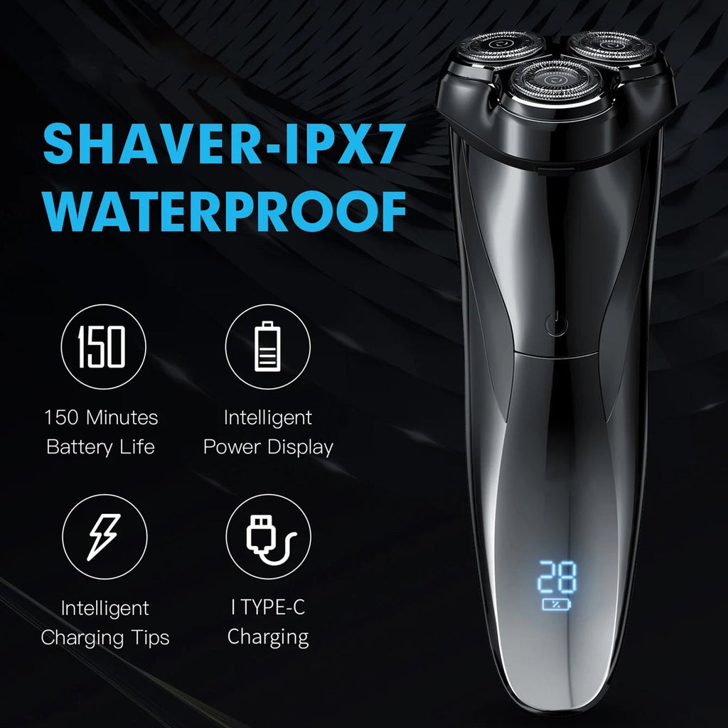 Black RazoRixer Electric Razor with a digital display showing 28 battery percentage, set against a dark textured background with blue text highlighting IPX7 waterproof features and four feature callouts.