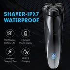 Black RazoRixer Electric Razor with a digital display showing 28 battery percentage, set against a dark textured background with blue text highlighting IPX7 waterproof features and four feature callouts.